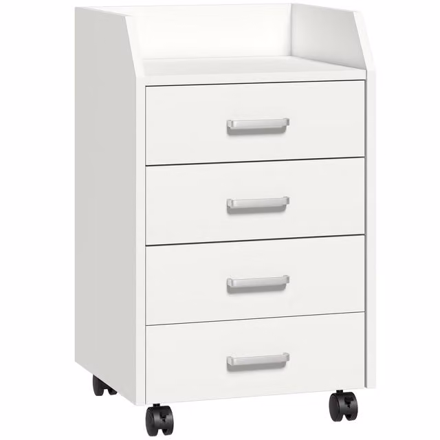 Vinsetto Cassettiera da Ufficio in Legno con 4 Cassetti, Ruote e Bordi Rialzati, L/P/H: 40 x 36 x 65 cm, Bianco