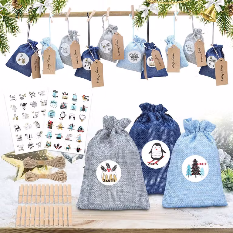 Calendario dell'Avvento da riempire con sacchetti di iuta Sacchi regalo di Natale (24