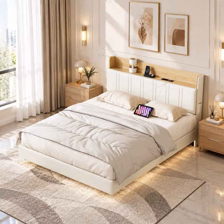 INONEFT, letto sospeso 140 x 190 cm, letto imbottito con spazio contenitore nella testiera e rete a doghe, letto matrimoniale con USB e LED, in PU, bianco, senza materasso