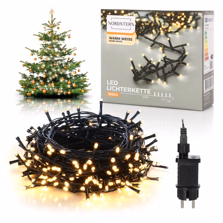 Nordstern LED luci fiabesche bianco caldo 180 LED - illuminazione natalizia per interni ed esterni con spina 13,5 m - illuminazione decorativa per albero di Natale resistente alle intemperie