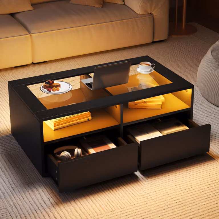 okwish LED tavolino da caffè tavolino da tè tavolino con spazio di archiviazione aperto e piano in vetro, tavolino da salotto tavolino con due scomparti aperti e due cassetti, nero