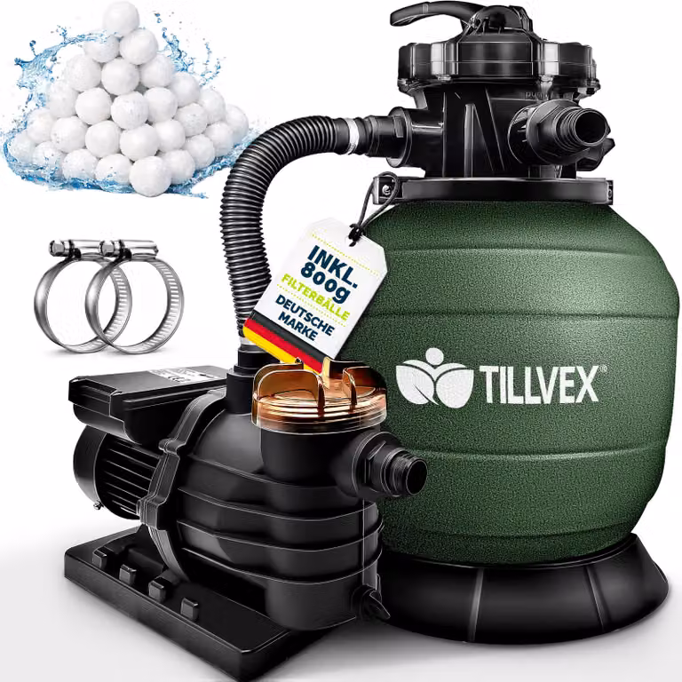 tillvex sistema di filtraggio a sabbia per piscina 10 m³/h incl. 800 g di sfere filtranti verdi | sistema di filtraggio valvola a 7 vie & adattatore 2in1 Ø32mm - 38mm | filtro per piscina con indicatore di pressione | filtro a sabbia per piscine