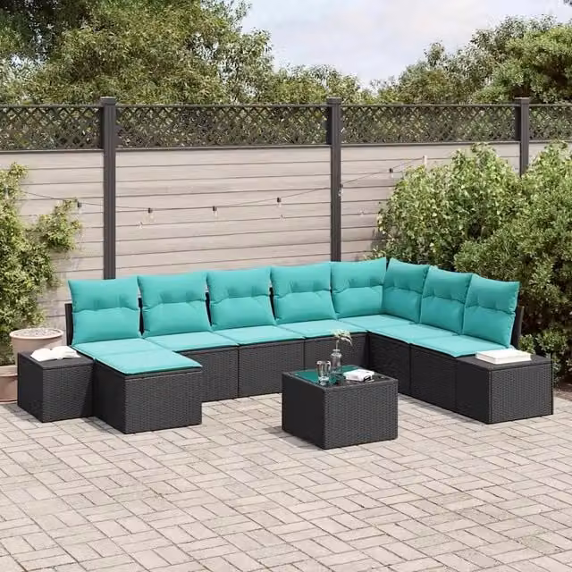 Set Divano da Giardino 8 pz Nero e Turchese polyrattan 3355865