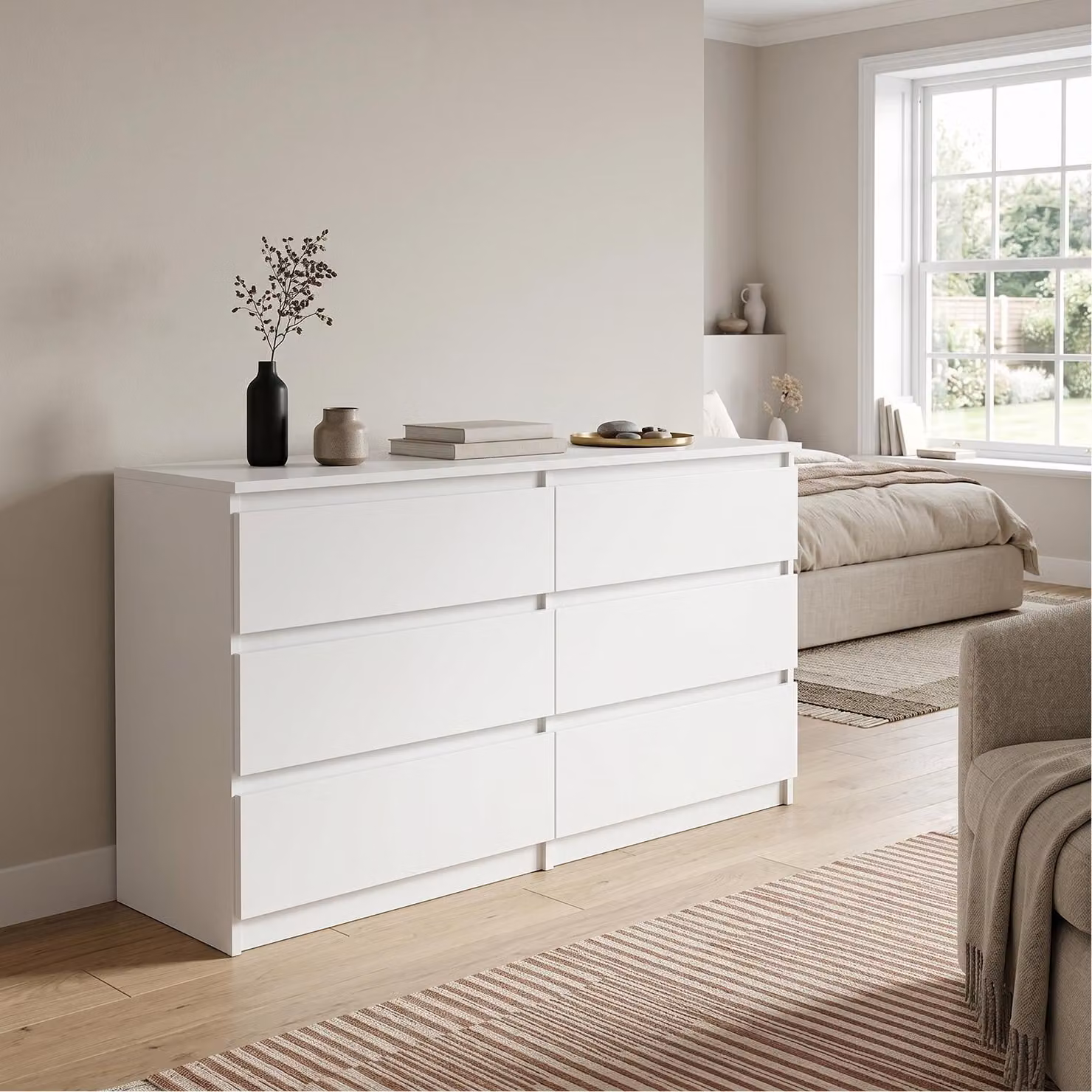 Comodà Masseno NUDO da 100 cm con 6 cassetti e ante, per soggiorno e camera da letto, stile moderno, 100x39x78,5 cm, bianco / bianco