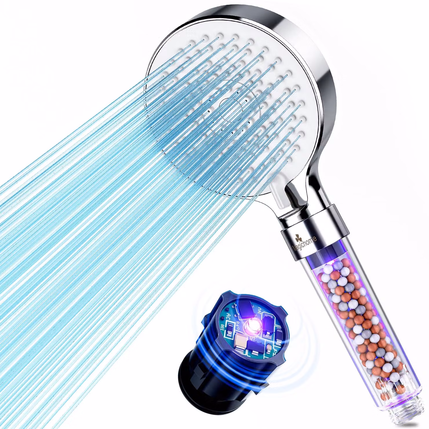 Doccia con filtro a 3 strati, luce UV 395-400 nm, 5 tipi di getto, a risparmio idrico, ideale per uso domestico e benessere