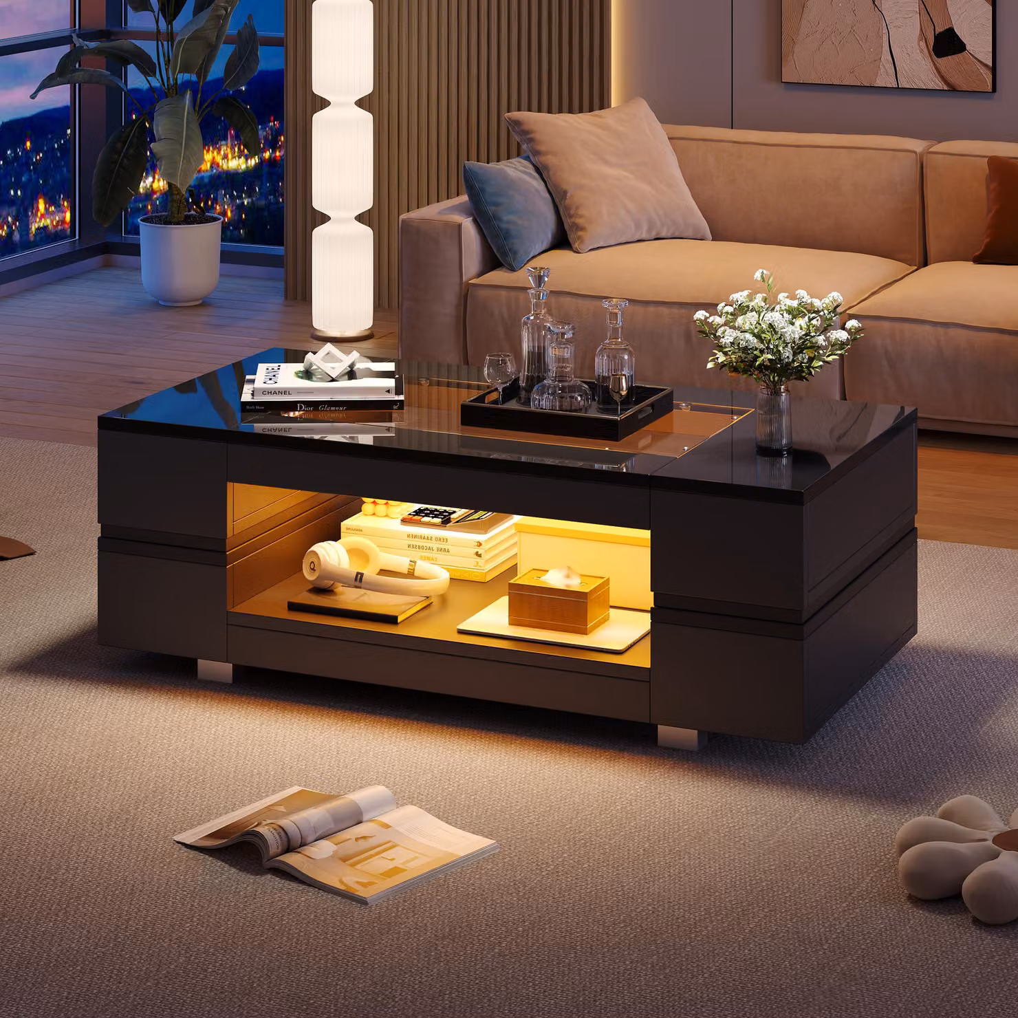 Tavolino Merax LED con app control e telecomando, piano in vetro, design cavo, 100 x 50 x 35 cm - Tavolo moderno da salotto nero lucido