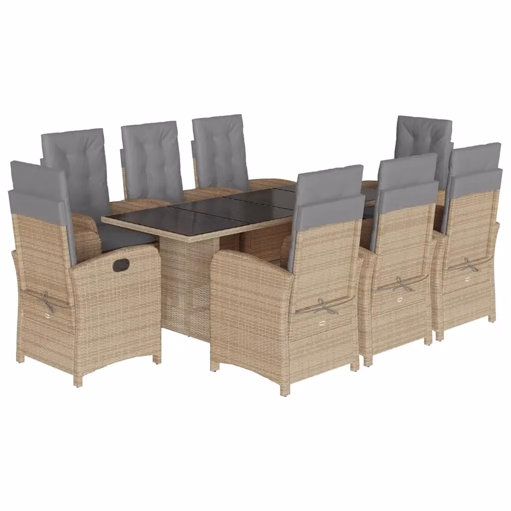 Set da pranzo da giardino vidaXL in polyrattan con tavolo in vetro e 9 sedie con cuscini beige, nero e grigio – 2