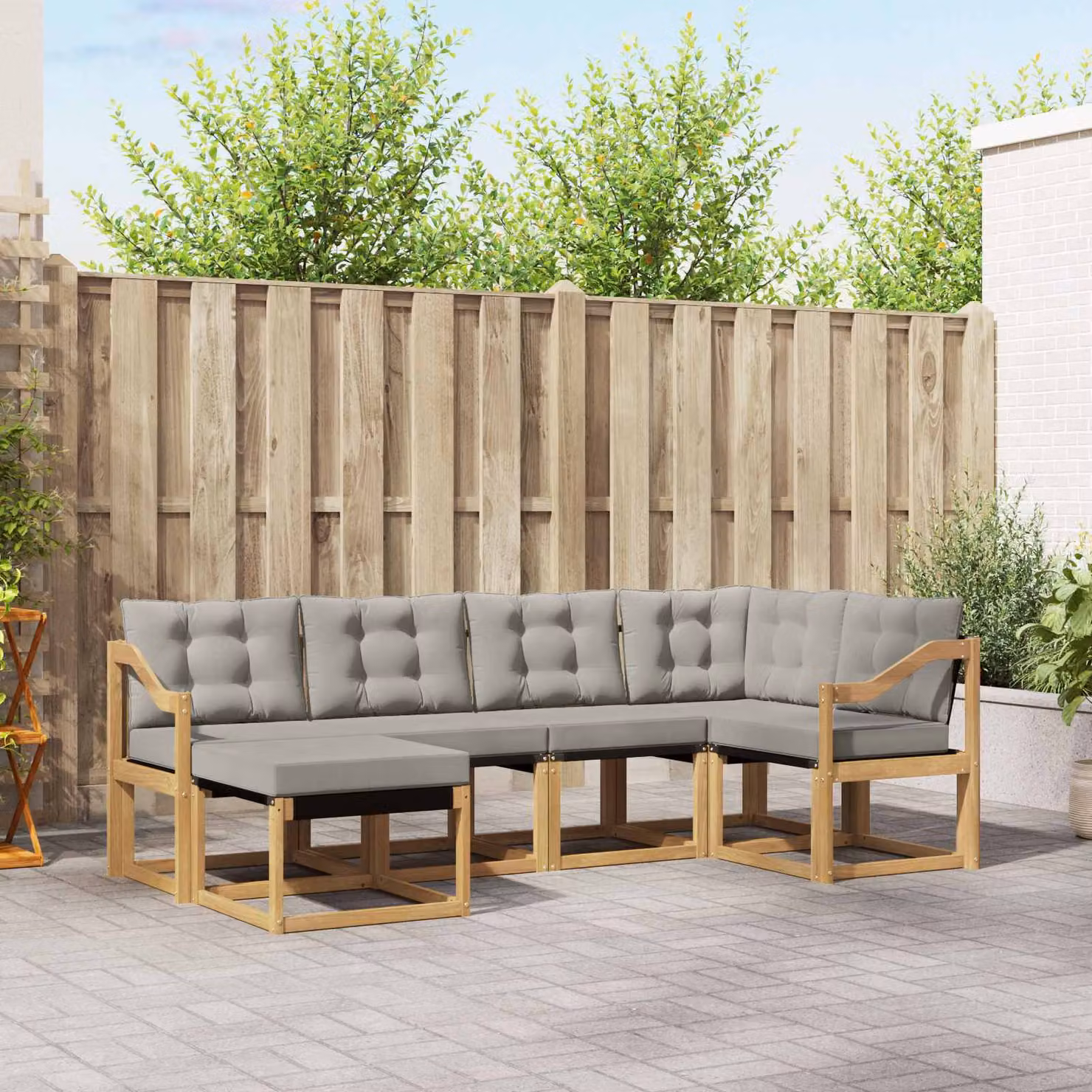 vidaXL Set di divani da esterno a L composto da 6 pezzi in legno di acacia con cuscini in tessuto textilene, Bianco e Grigio