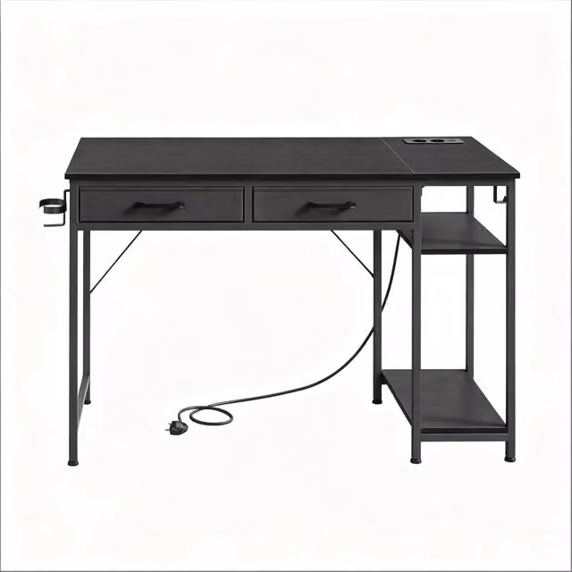 Scrivania moderna Chicfurn con prese integrate, 2 cassetti in tessuto e scaffale laterale rimovibile, colore nero, L/P/H: 120 x 51 x 75 cm