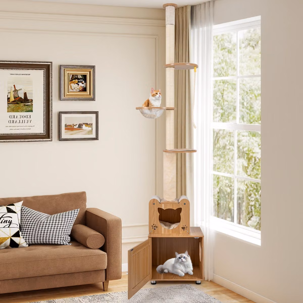 Albero per gatti da pavimento a soffitto Costway modello capsula spaziale in legno marrone con amaca