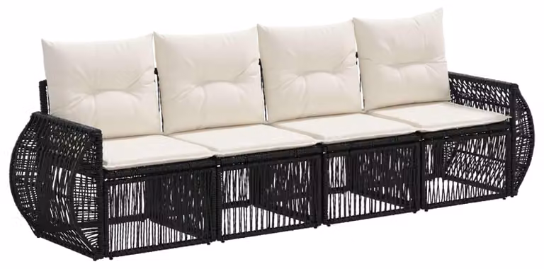Set di divani da giardino, 4 pezzi, colore nero e crema, in rattan sintetico