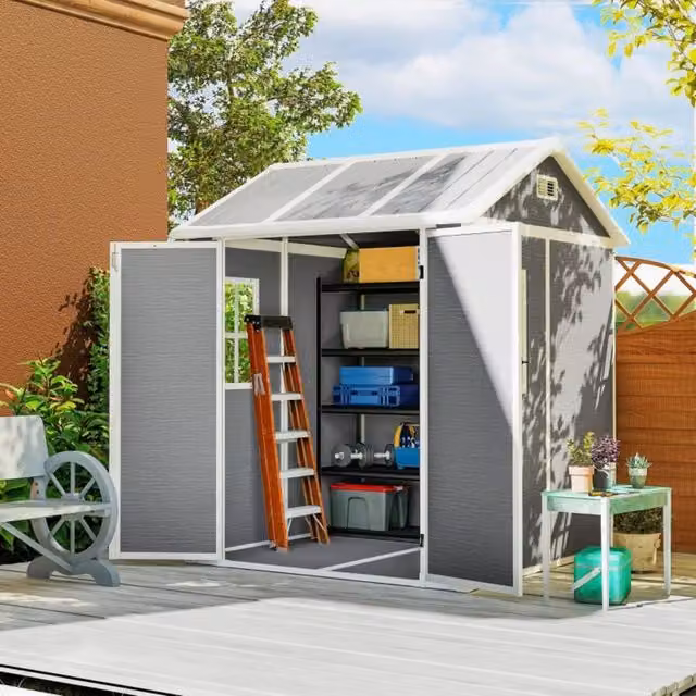 Casetta da giardino MODFU in plastica grigia con doppia porta, finestra, pavimento e serratura, L/P/H: 181 x 181 x 220 cm – 1