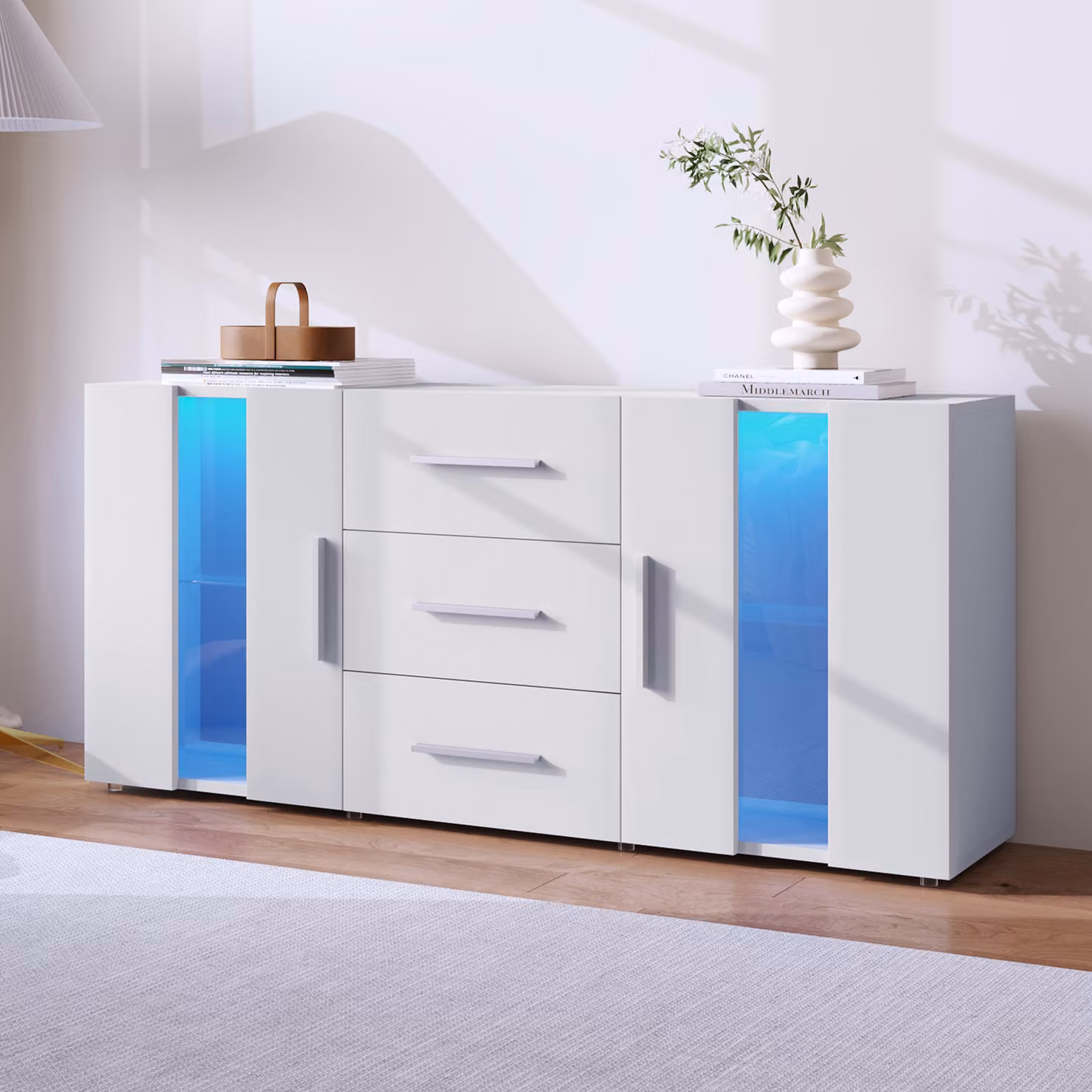 Cassettiera Merax con illuminazione a LED incl. telecomando, credenza con 2 ante e 3 cassetti, credenza TV credenza mobile, larghezza 140cm