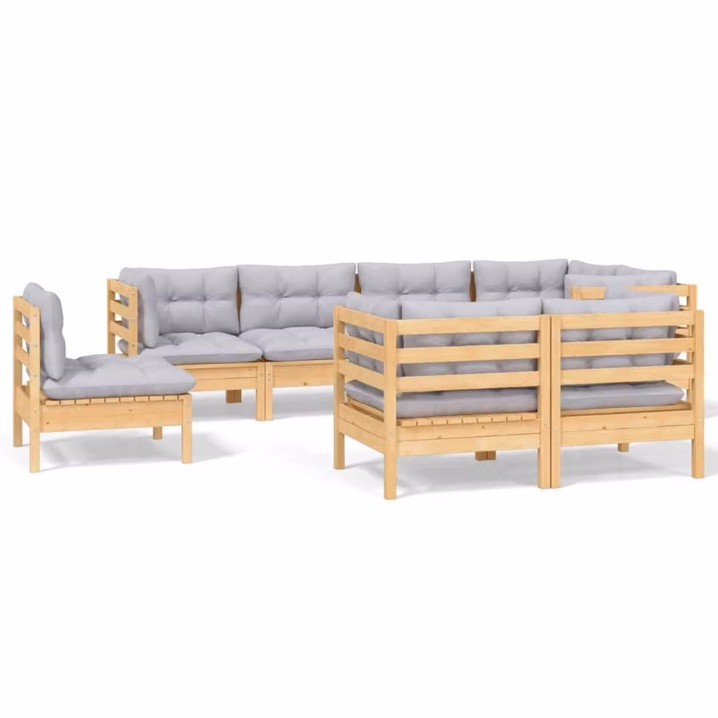 Set Divani da Giardino 8 pz con Cuscini Grigi Massello di Pino