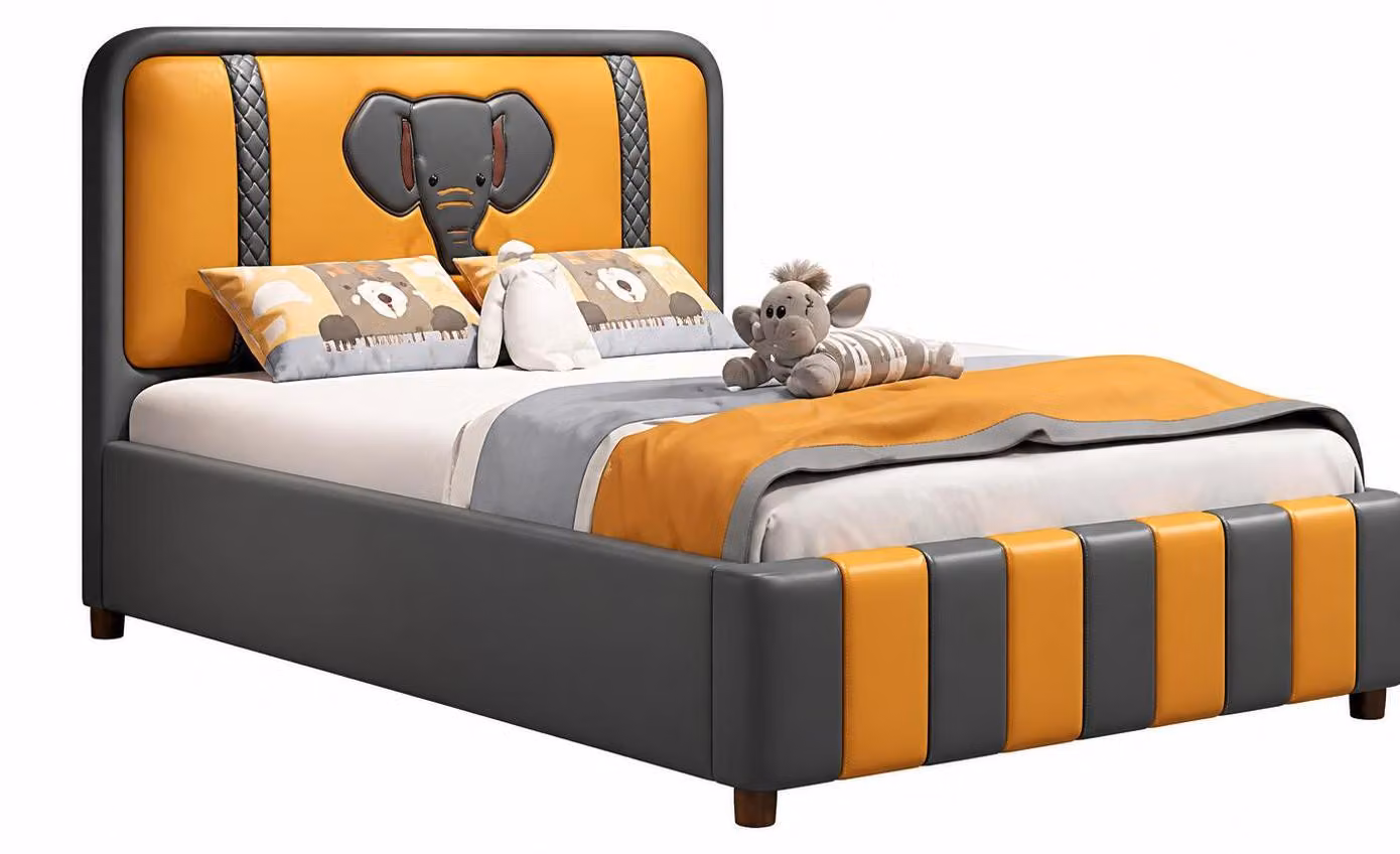 Letto per bambini color grigio-arancione, trasformabile in letto per adolescenti, con decorazioni colorate a forma di elefante, adatto a ragazzi