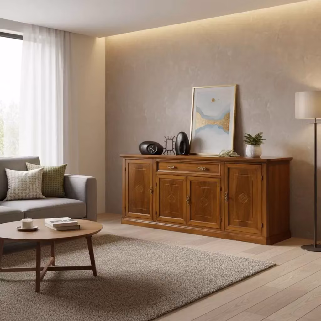 Credenza in legno con 4 porte e 1 cassetto intarsiata Mobili 2G colore noce L: 211 cm, P: 49 cm, H: 90 cm – 2