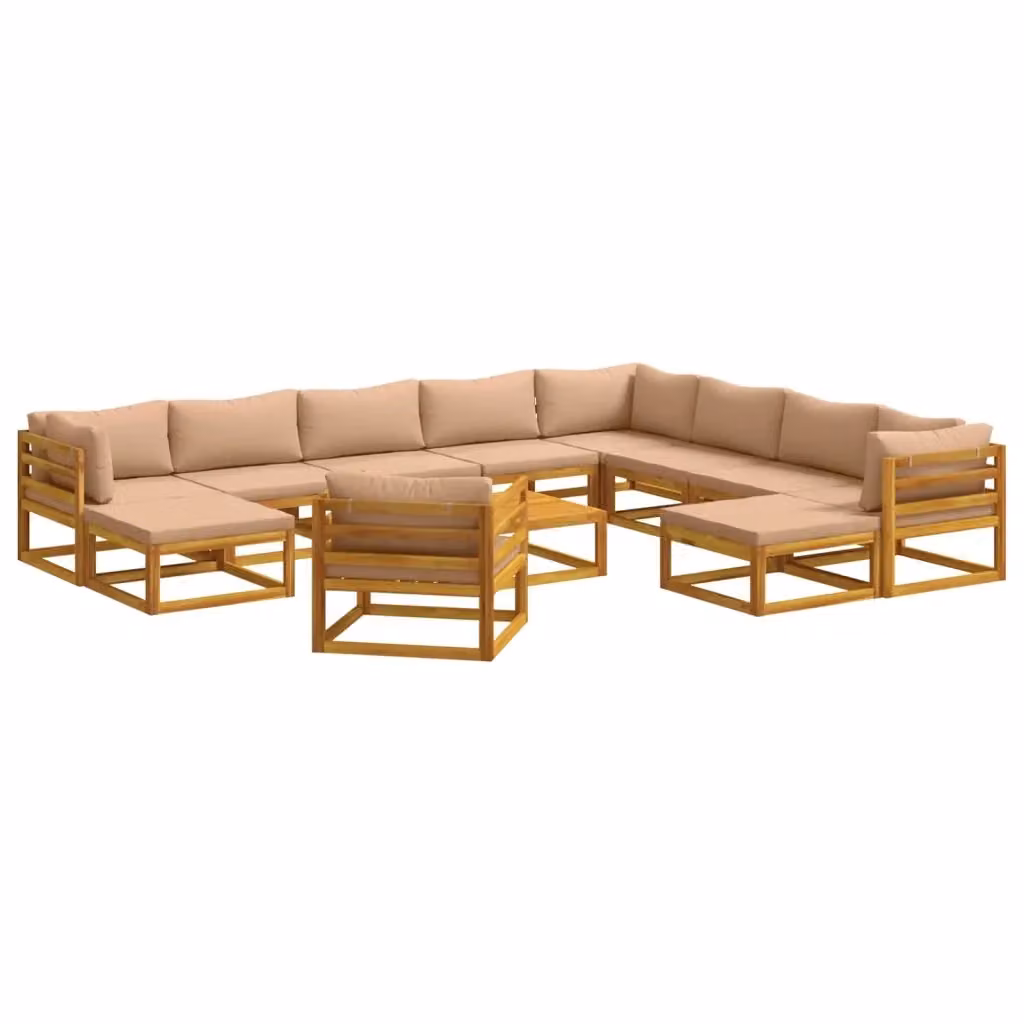 Set di divani da esterno a forma di U vidaXL in legno di acacia massello con cuscini beige e tavolino, 12 pezzi – 2