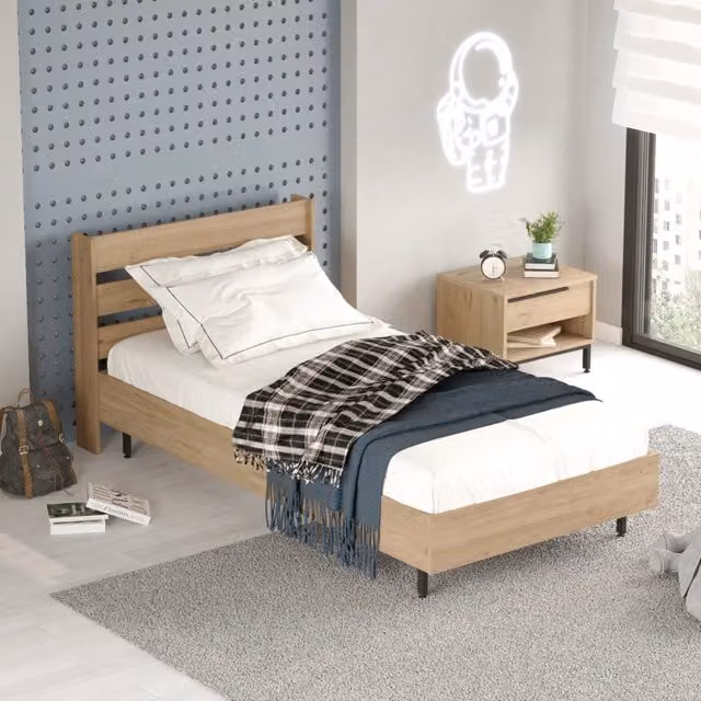 Struttura Letto Singolo Vesanto en.casa con Testiera Alta, Effetto Rovere Marrone e Nero, L/P/H: 100 x 200 x 108,5 cm