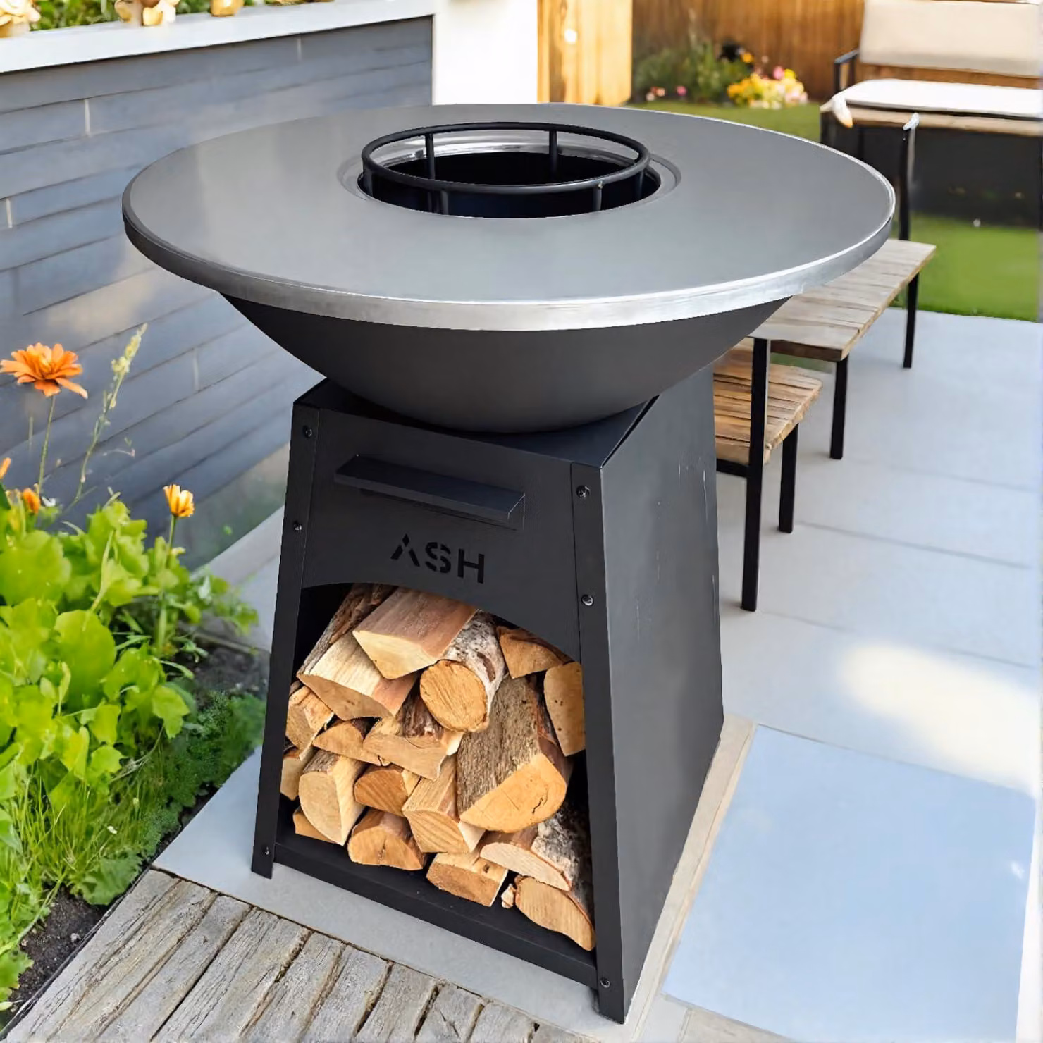 Piastra barbecue compatta, camino da esterno - Diametro della superficie di cottura: 60 cm - Metallo - Nero