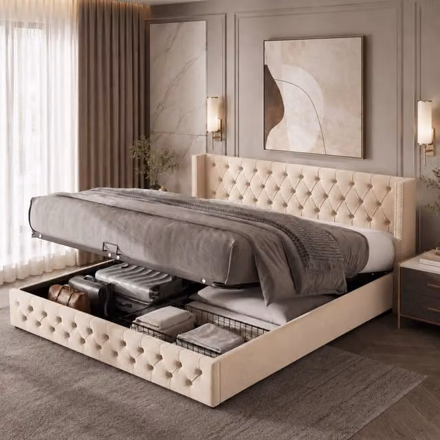 letto imbottito velluto beige 160 x 200 cm