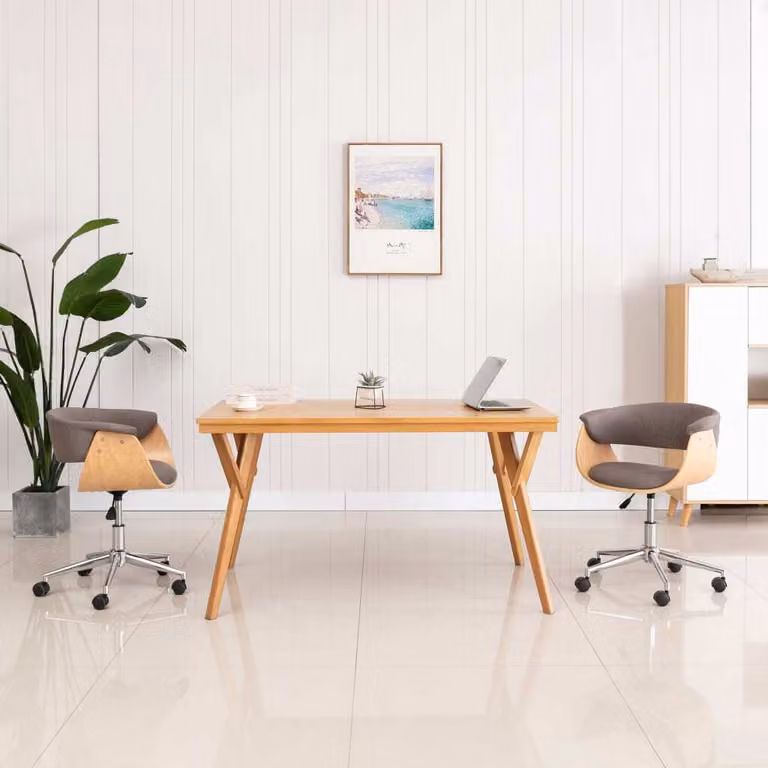 The Living Store Sedia da ufficio girevole in legno curvato e tessuto taupe