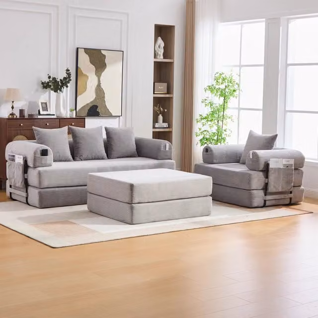 Divano modulare 3 posti 200x94x67 cm con struttura in metallo in velluto a coste grigio chiaro