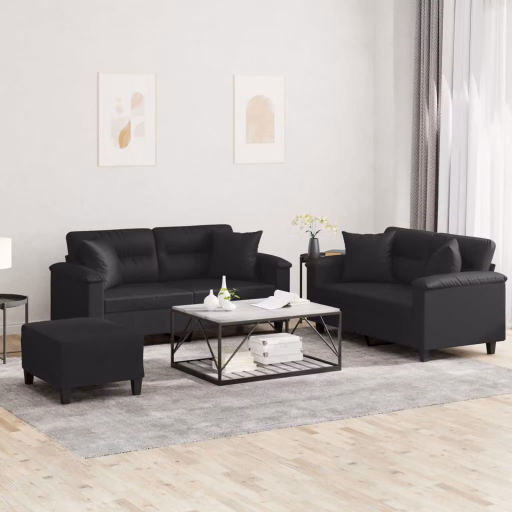 vidaXL Set di Divani 3 Pezzi Moderno in Similpelle Nera con Cuscini – 1