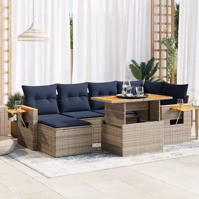 Set Divani da Giardino con Cuscini 7pz Nero Polyrattan Acacia 3327624