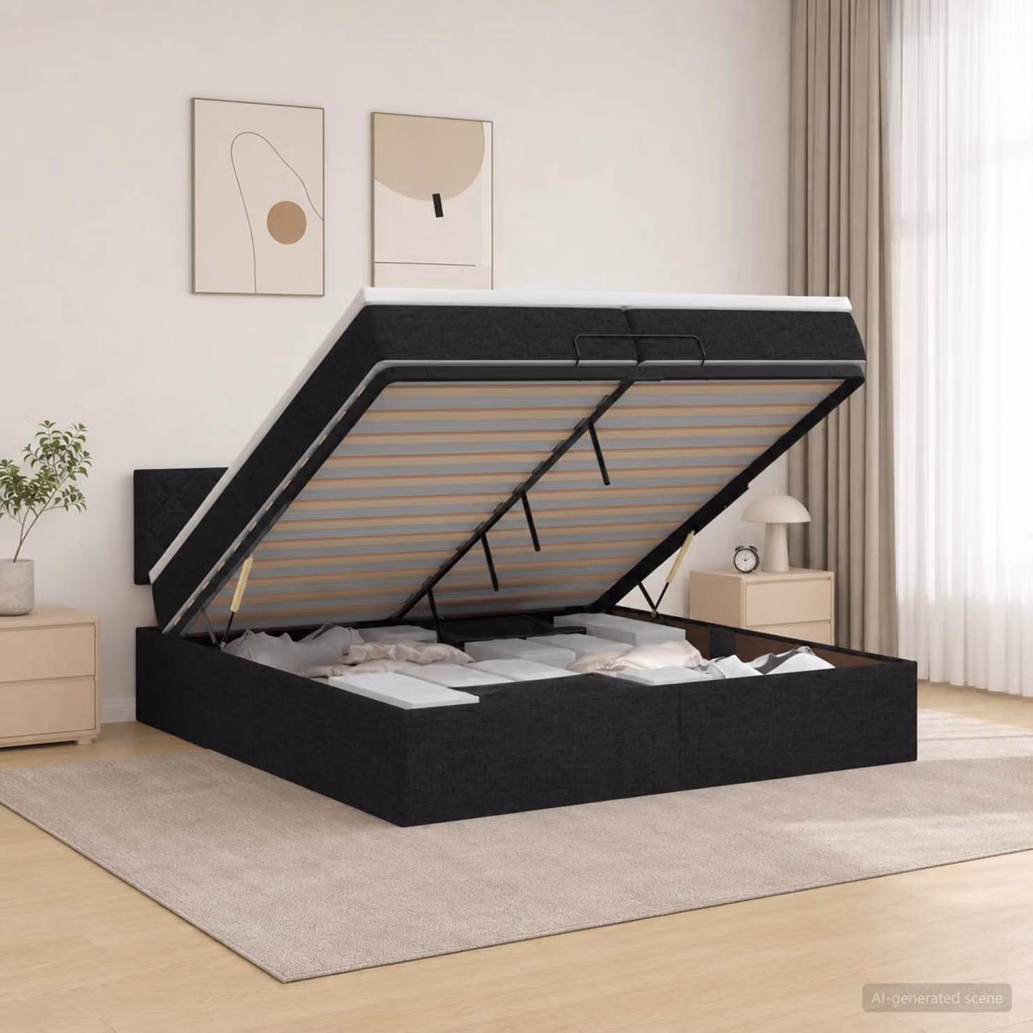 Letto Ottomano vidaXL con Materasso Ibrido e Illuminazione LED, Nero, L/P/H: 200 x 200 x 88 cm