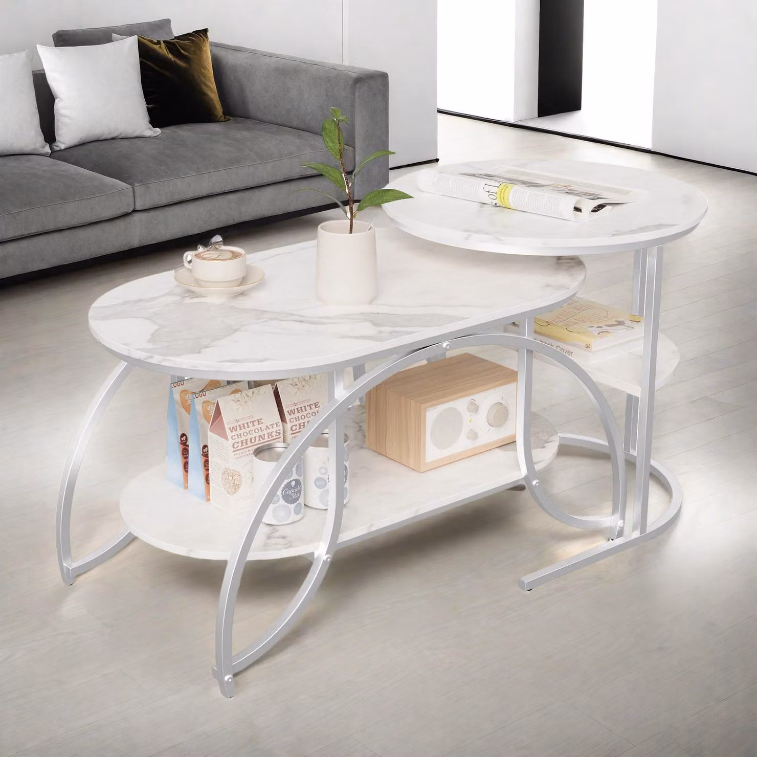 Set di 2 tavolini da salotto ProximaX, tavolino rotondo in marmo, gambe in metallo, stile industriale, tavolini da salotto (80x46x45 + 52x52x51 cm)