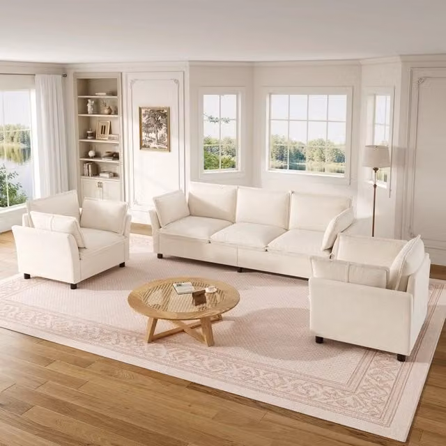 Set modulare Minimal composto da divano 3 posti, 2 poltrone e cuscini in tessuto chenille beige con design moderno