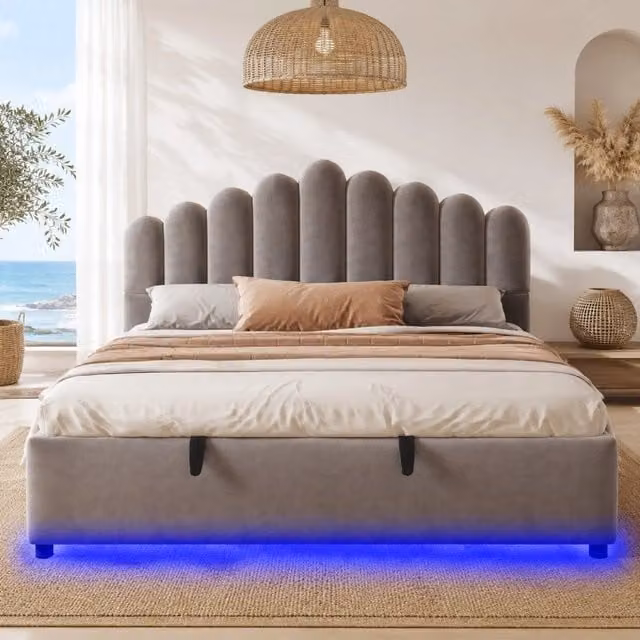 Letto matrimoniale imbottito ULEVR 180x200 cm con contenitore idraulico, LED e testiera in velluto grigio