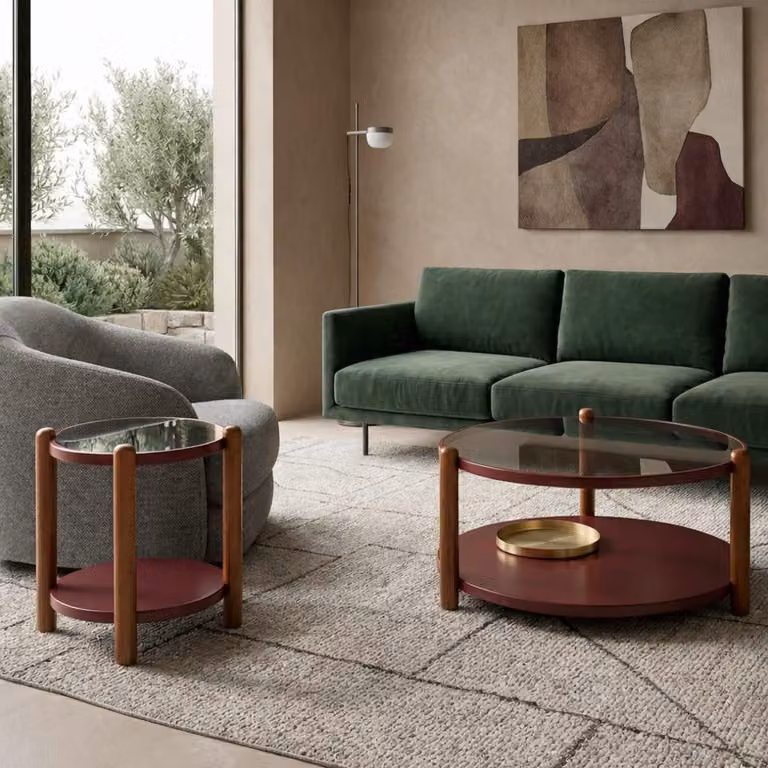 Set da salotto: tavolino, tavolino ausiliario, tavolino centrale, stile moderno, marrone e rosso
