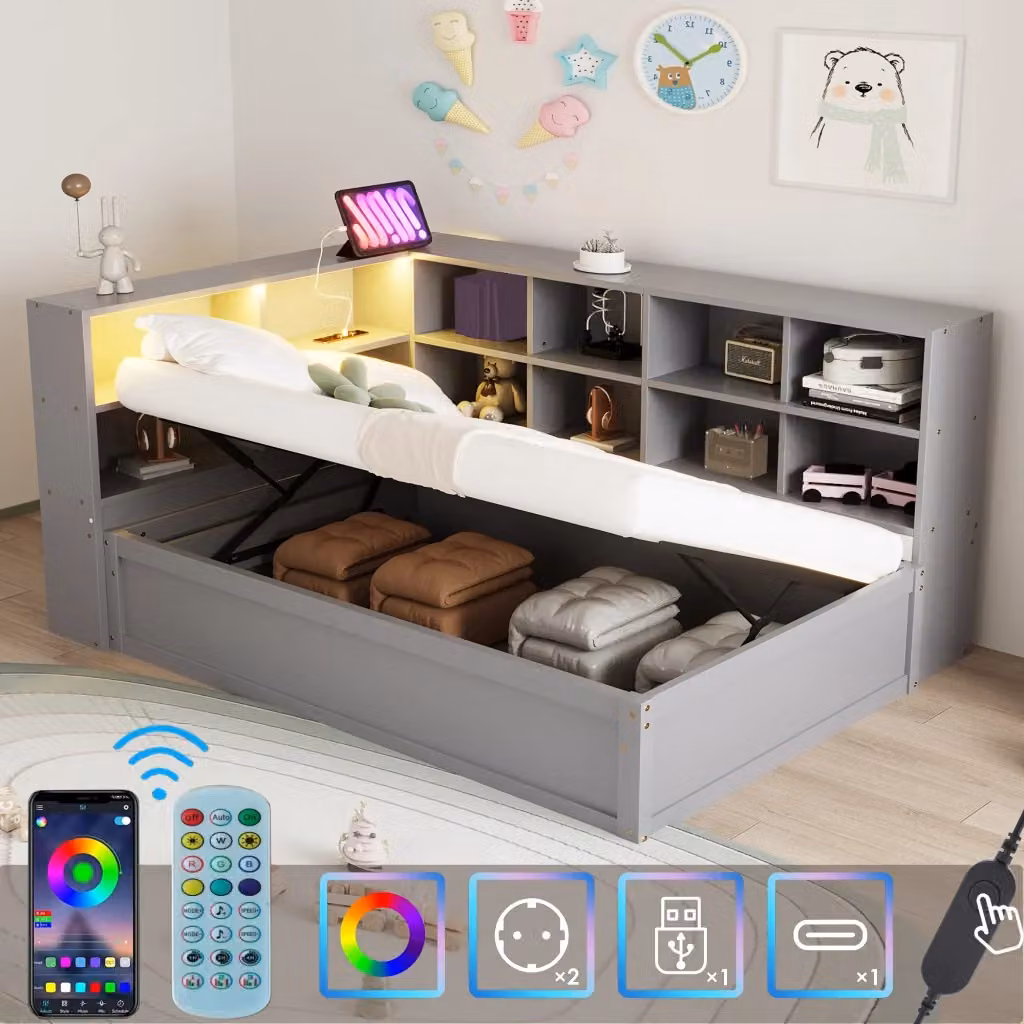 Divano letto REDOM in legno e tessuto grigio con porta USB, illuminazione LED e vani contenitori, L/P/H: 200 x 90 x 114,5 cm – 2