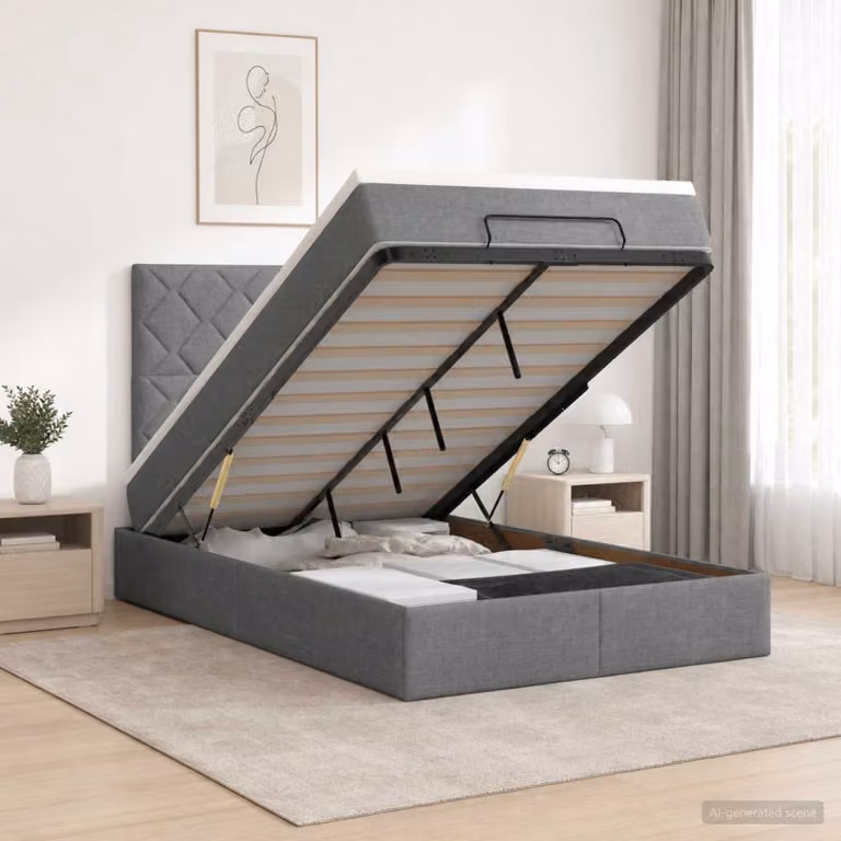 Letto ottomano con materasso vidaXL in tessuto grigio e bianco, base a sollevamento, L/P/H: 120 x 200 x 128 cm