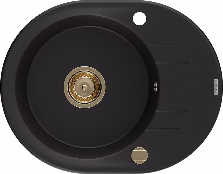 Mexen Kevin lavello in granito a 1 vasca con sgocciolatoio 586 x 458 mm, nero, sifone dorato - 6517581005-77-G