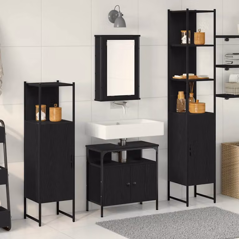 Set di mobili per il bagno moderno vidaXL in nero opaco composto da armadietto con specchio, mobile lavabo e pensili, H: 185,5 cm