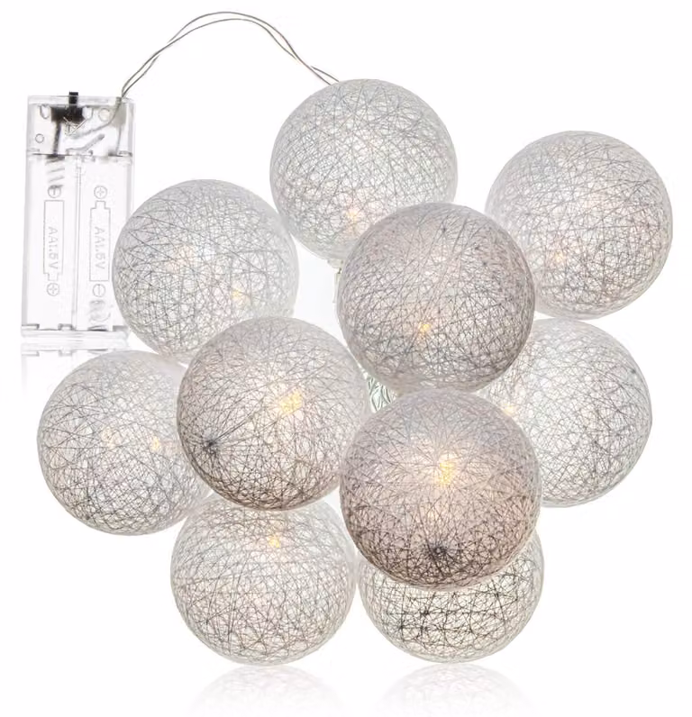 Catena luminosa a LED a forma di sfera, con 10 LED bianco caldo, diametro 6 cm, lunghezza 175 cm