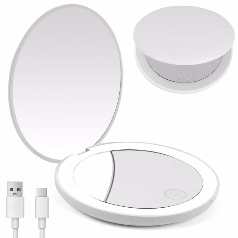 Specchio ingranditore 1X/10X - Specchio da viaggio per il trucco con LED - Specchio compatto portatile con funzione di regolazione della luminosità