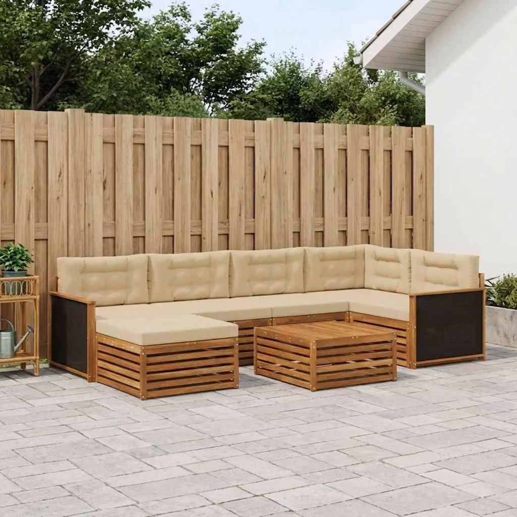 Set di divani da esterno vidaXL a forma di L in legno di acacia con tavolino e pouf, 7 pezzi, Beige e Marrone