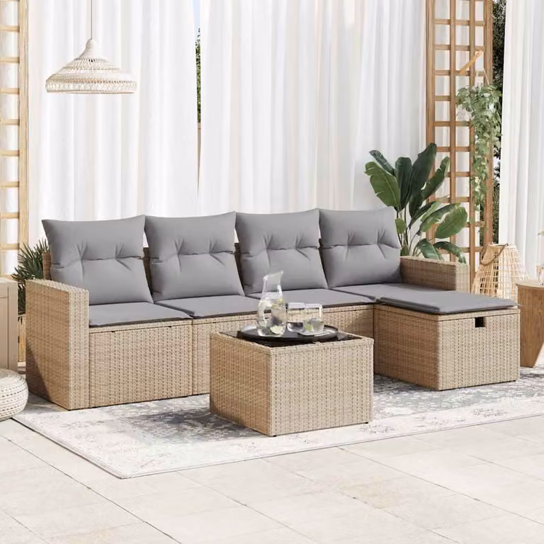 Set Divano da Giardino a L vidaXL in Polyrattan con 6 Pezzi e Cuscini Beige