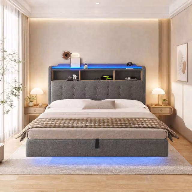 Letto Contenitore REDOM Grigio in Tessuto e MDF con Illuminazione LED e Porte USB e Type-C L/P/H: 180 x 200 x 110 cm – 1