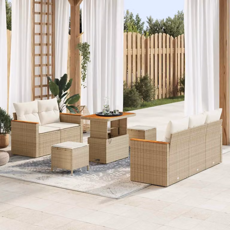 Set da giardino moderno vidaXL composto da 8 pezzi in polyrattan beige con cuscini imbottiti, tavolino e pouf