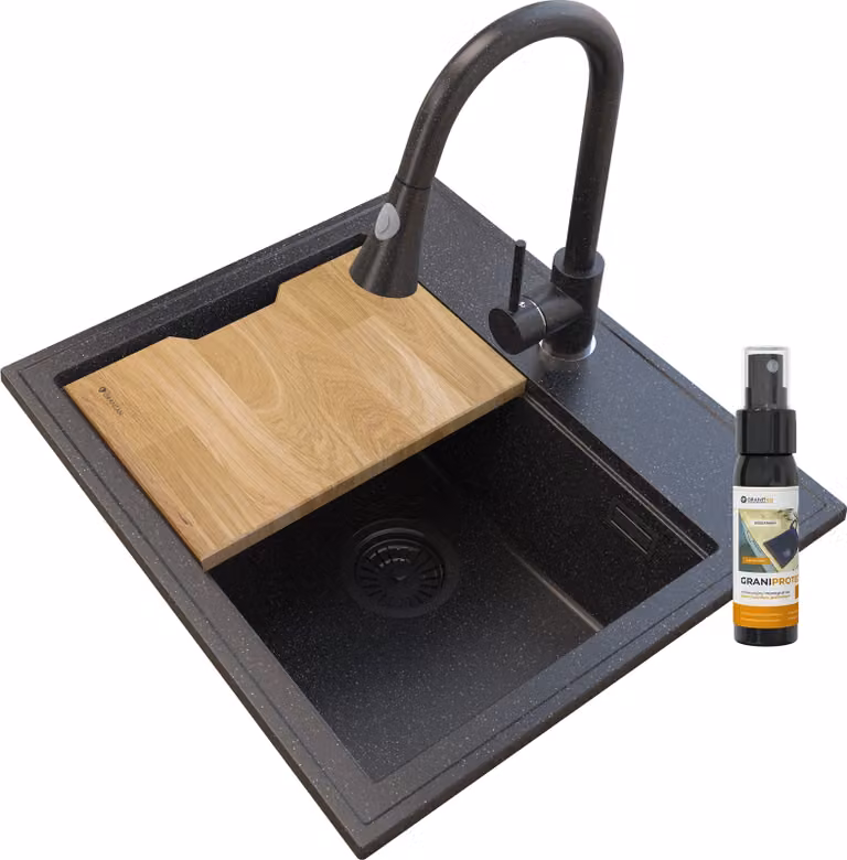 Granitan - Lavello in granito - Lavandino 56,5x50,5 cm - Nero marmorizzato - con miscelatore - FOXAL