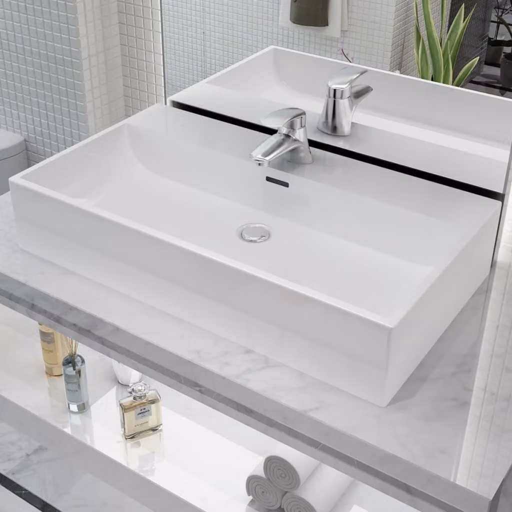 The Living Store Lavabo con foro per rubinetto in Vetroceramica bianca 76x42,5x14,5 cm