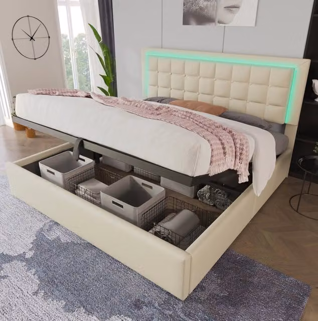Letto matrimoniale ULEVR 180x200 cm con contenitore idraulico, LED RGB e rete a doghe, similpelle bianca