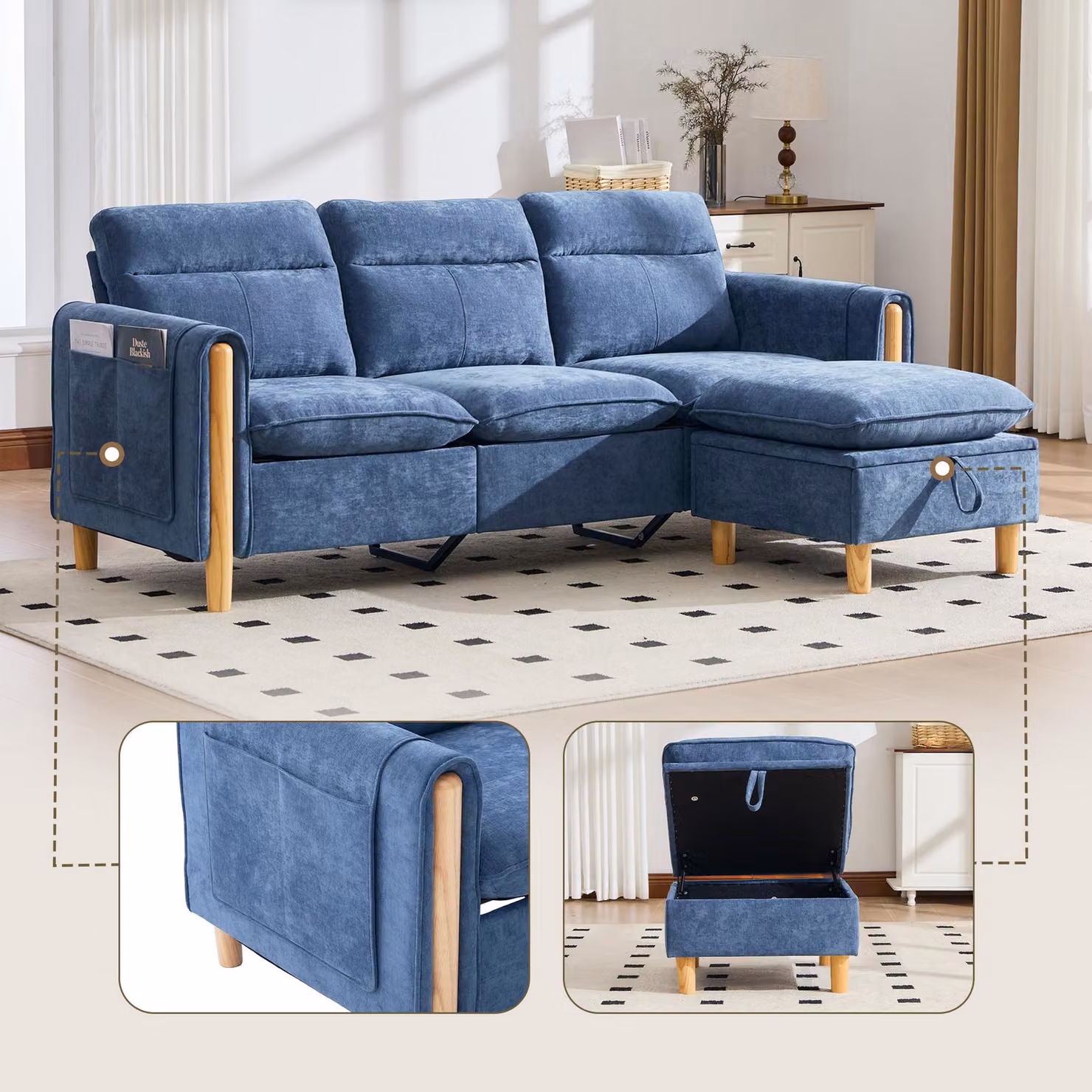Divano a tre posti in stile nordico, poggiapiedi contenitore, tasche laterali, gambe in legno, forma a L (grigio)