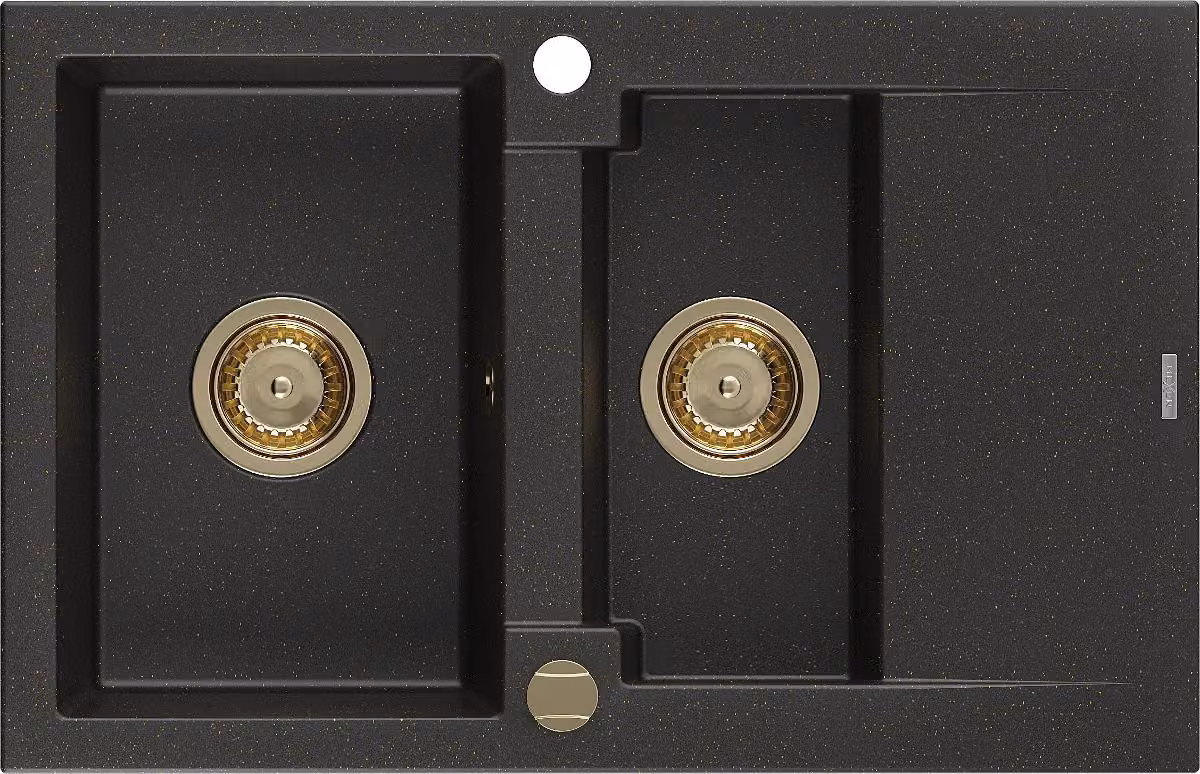 Mexen Gaspar lavello in granito 1,5 vasca con gocciolatoio 737 x 475 mm, nero/oro metallico, sifone dorato - 6507731505-75-G