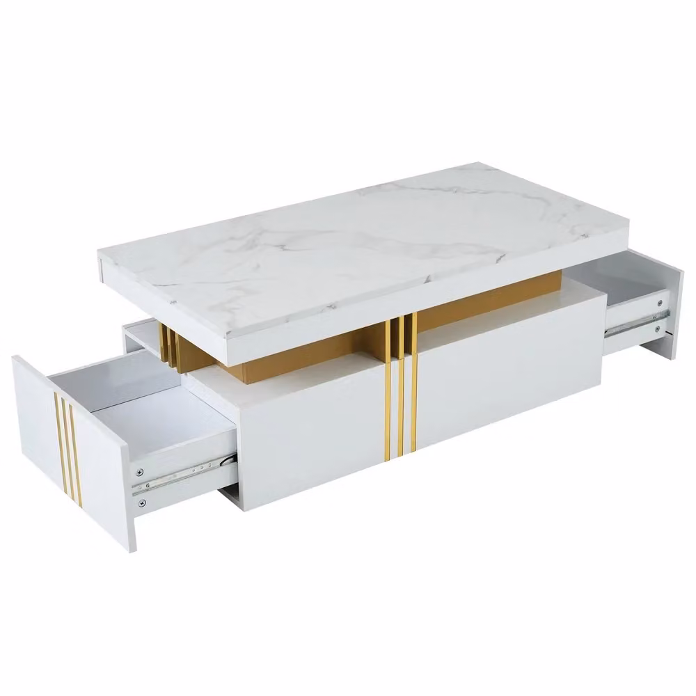 Tavolino da caffè rettangolare Minimal bianco lucido effetto marmo con 2 cassetti L/P/H: 100 x 50 x 40 cm – 2