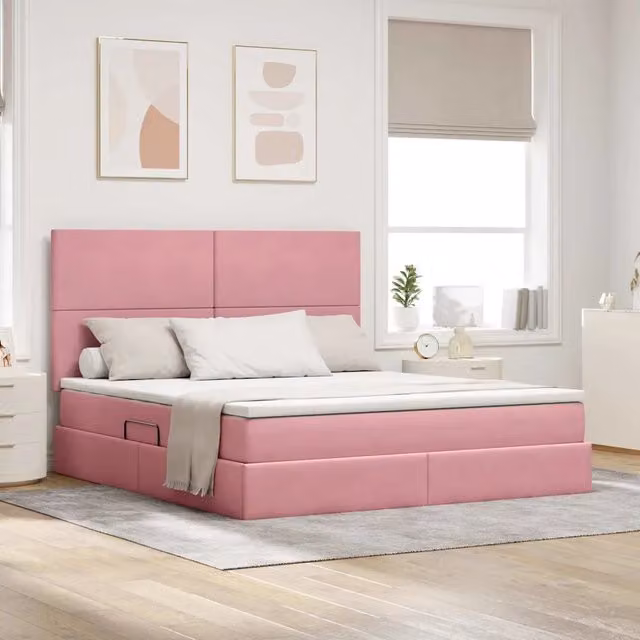 Letto con contenitore vidaXL in velluto rosa con base a sollevamento e porta USB, L/P/H: 160 x 200 x 280 cm